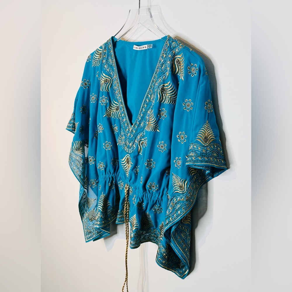 Alice + Olivia Sharita Blue Green Teal Gold Embroidered Drawstring Top Blouse - Picture 7 of 15